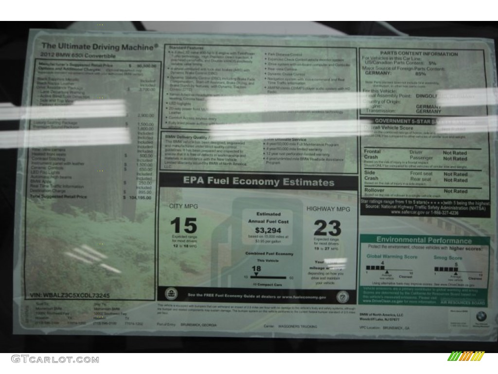 2012 BMW 6 Series 650i Convertible Window Sticker Photo #63086828