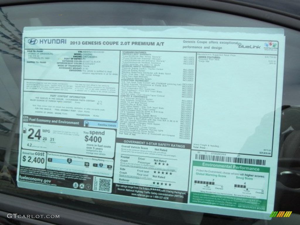 2013 Hyundai Genesis Coupe 2.0T Premium Window Sticker Photo #63089919
