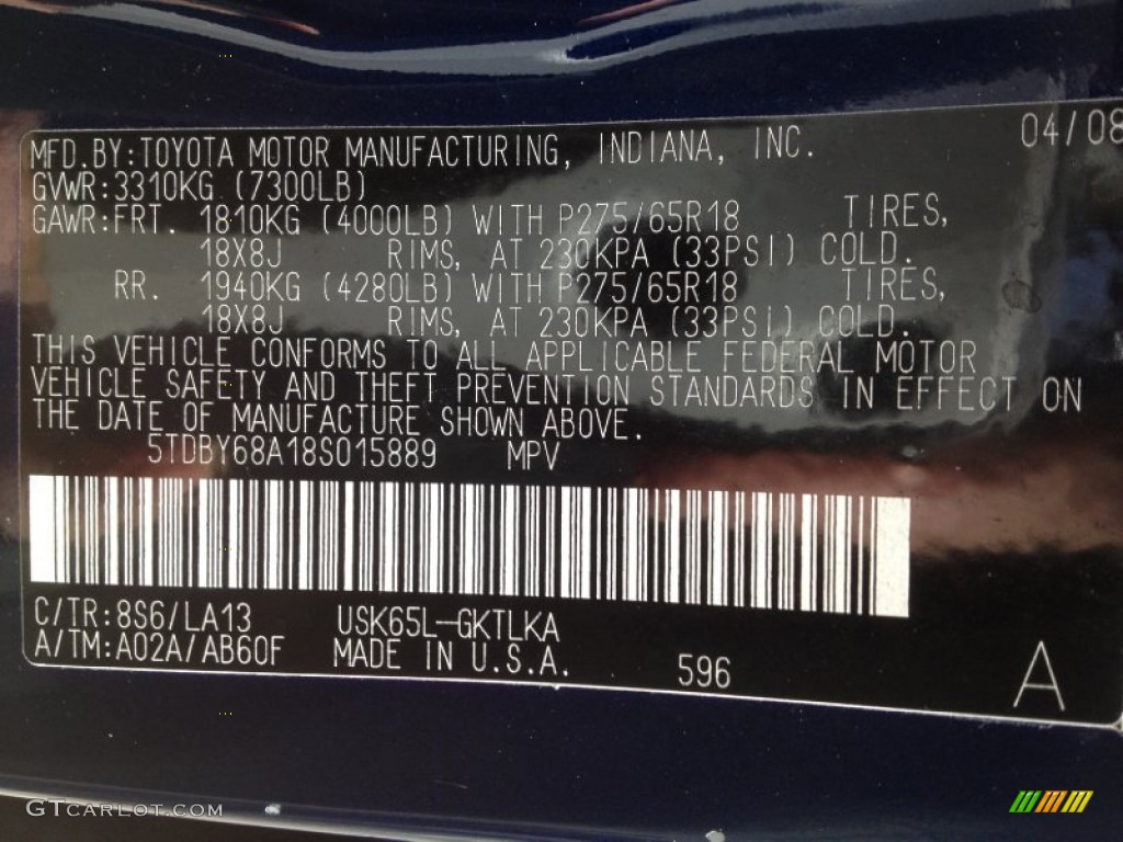 2008 Sequoia Color Code 8S6 for Nautical Blue Metallic Photo #63092769
