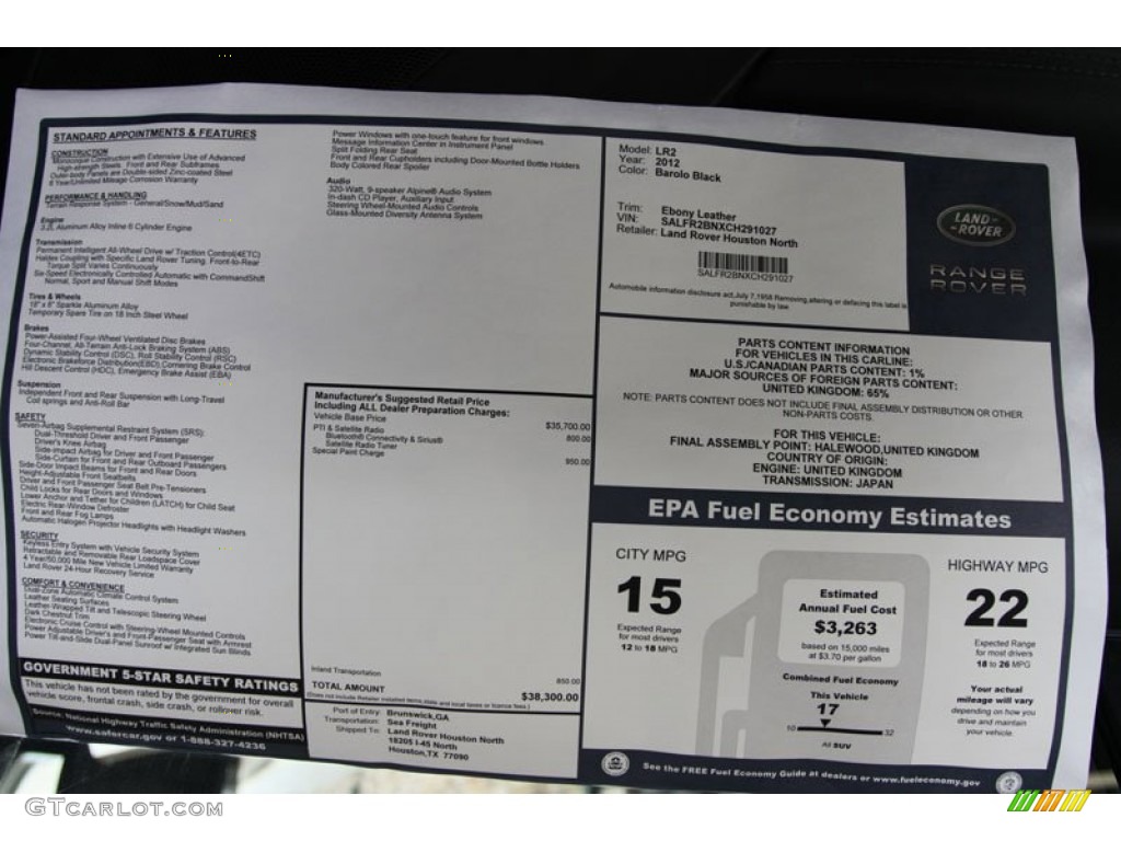 2012 Land Rover LR2 3.2 Window Sticker Photo #63099092