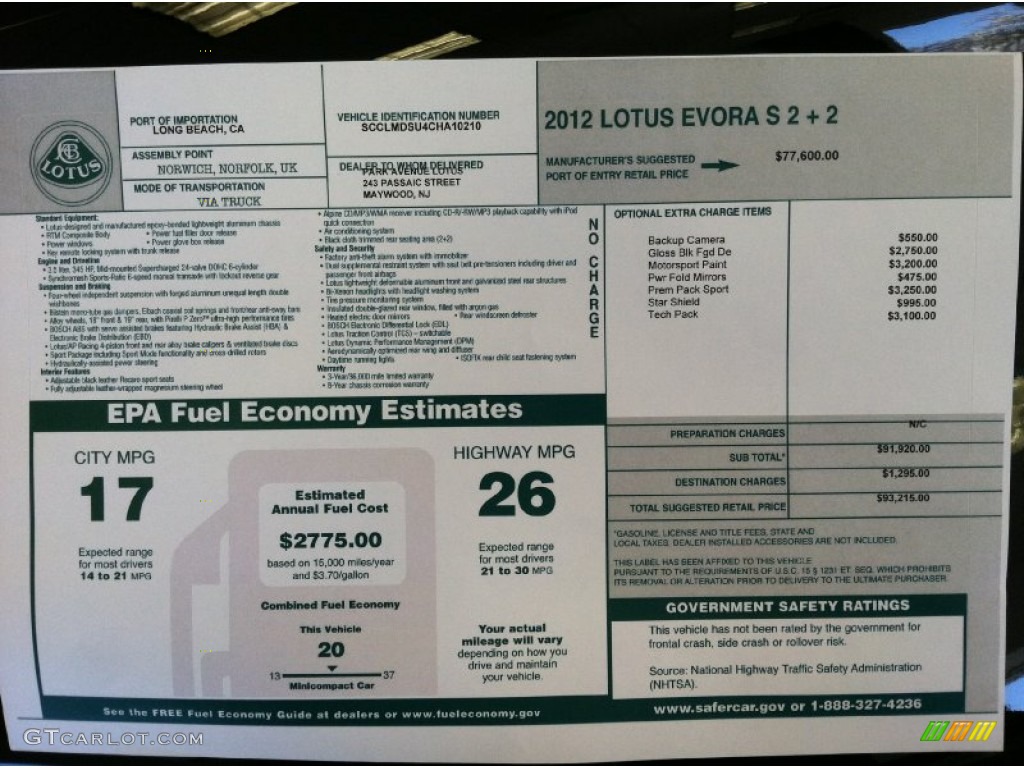 2012 Lotus Evora S 2+2 Window Sticker Photos