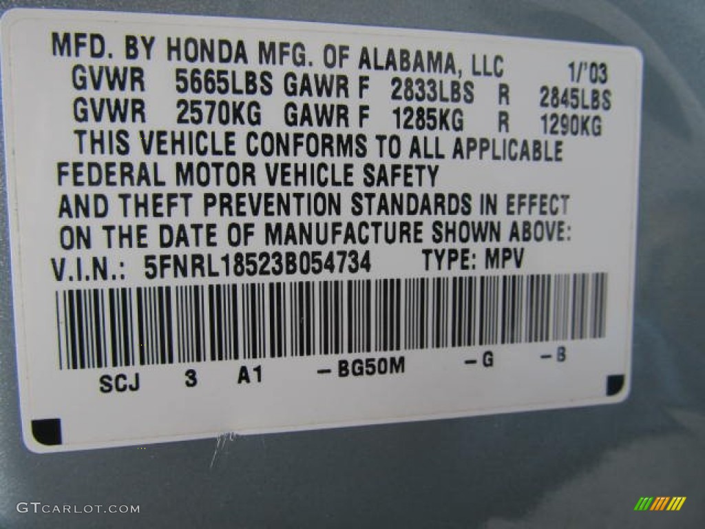 2003 Honda Odyssey LX Color Code Photos