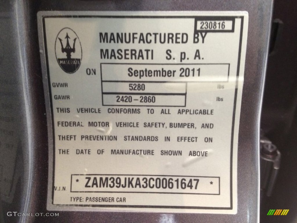2012 Maserati Quattroporte S Info Tag Photo #63119984