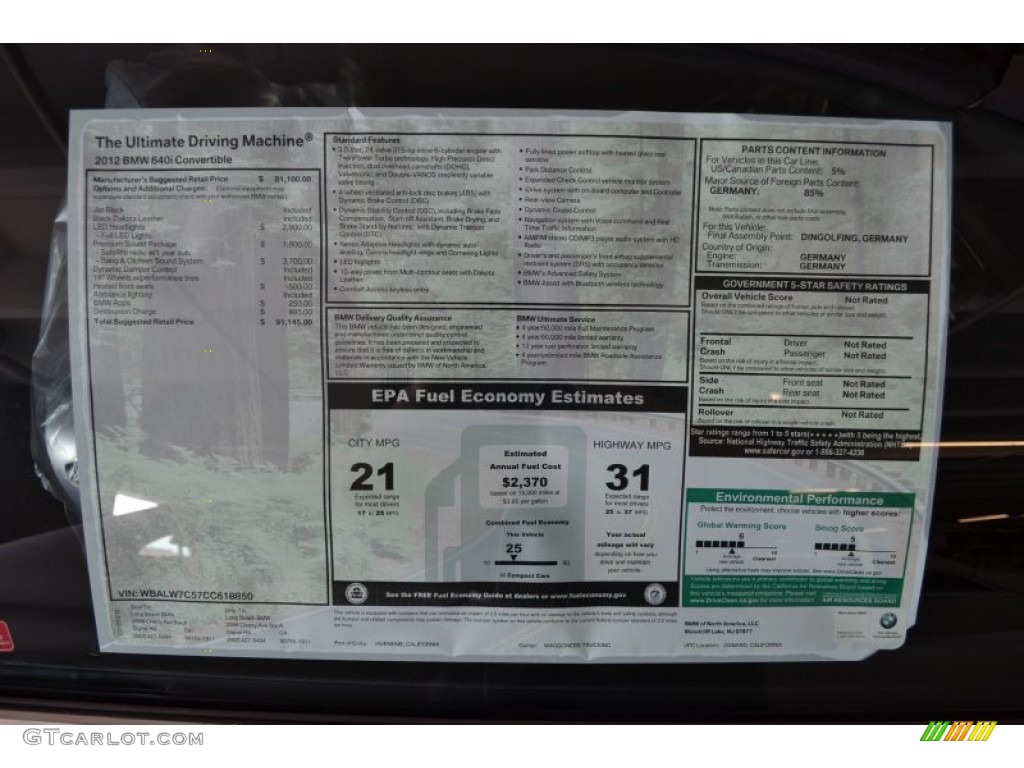 2012 BMW 6 Series 640i Convertible Window Sticker Photo #63131450