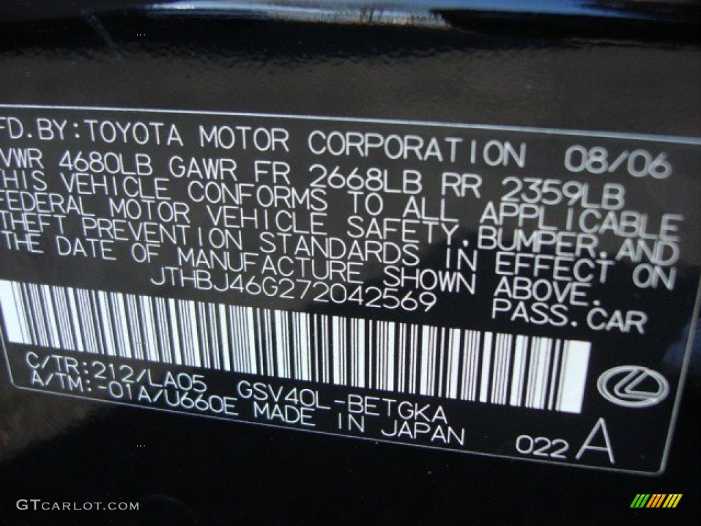 2007 ES Color Code 212 for Black Onyx Photo #63136477