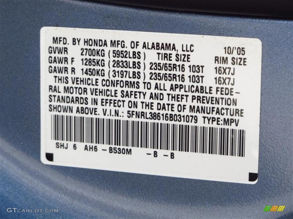 2006 Odyssey Color Code B530M for Ocean Mist Metallic Photo #63140380