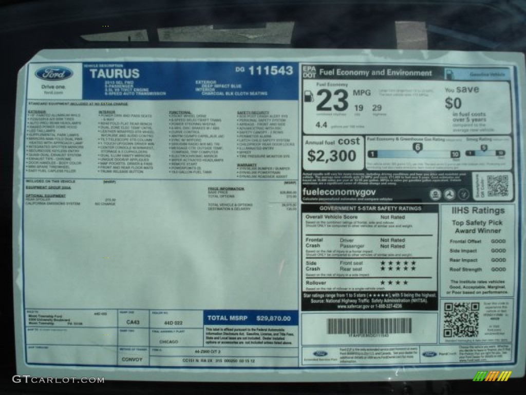 2013 Ford Taurus SEL Window Sticker Photo #63154012