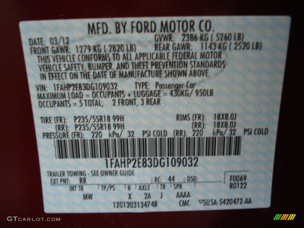 2013 Taurus Color Code RR for Ruby Red Metallic Photo #63154123
