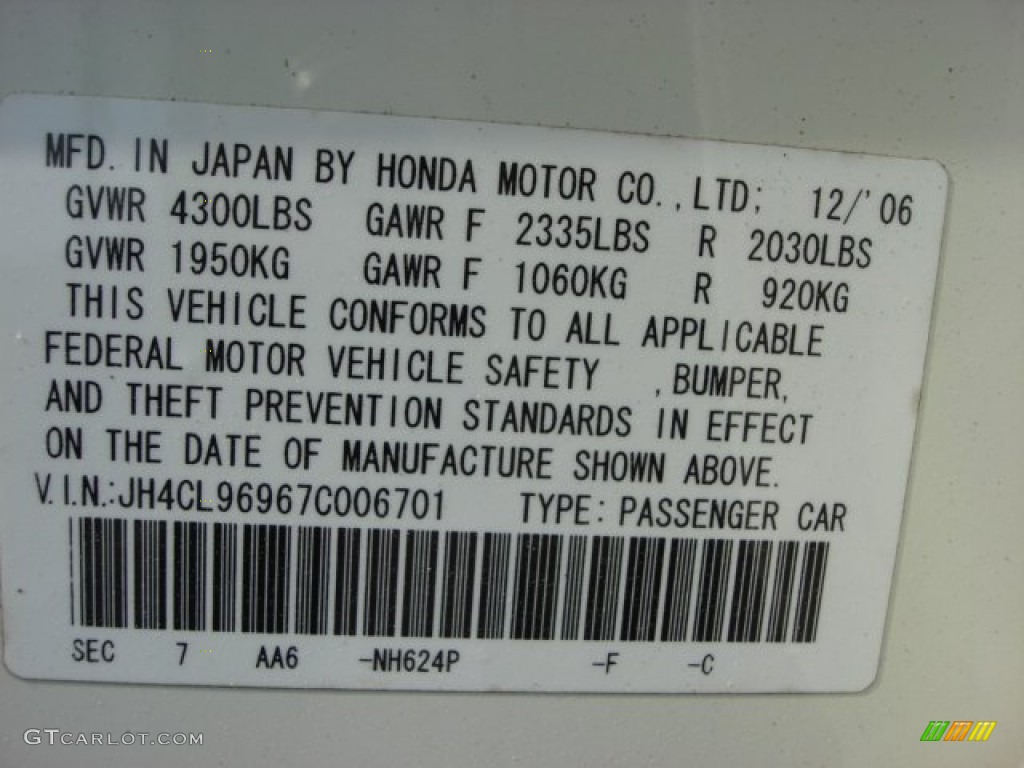2007 TSX Color Code NH624P for Premium White Pearl Photo #63176474