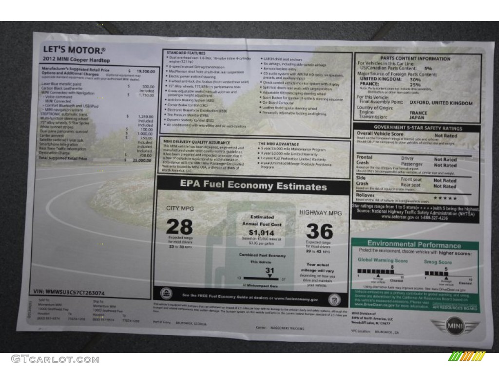 2012 Mini Cooper Hardtop Window Sticker Photo #63183397