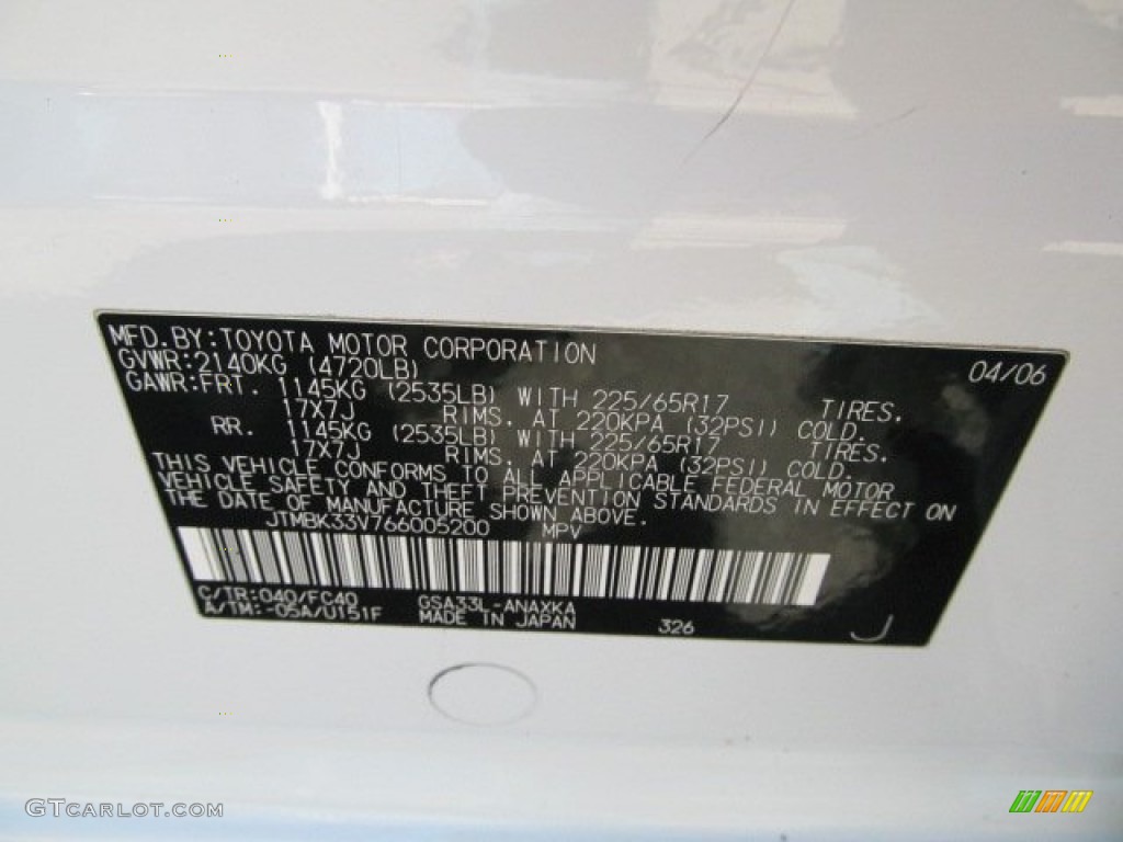 2006 RAV4 Color Code 040 for Super White Photo #63205165