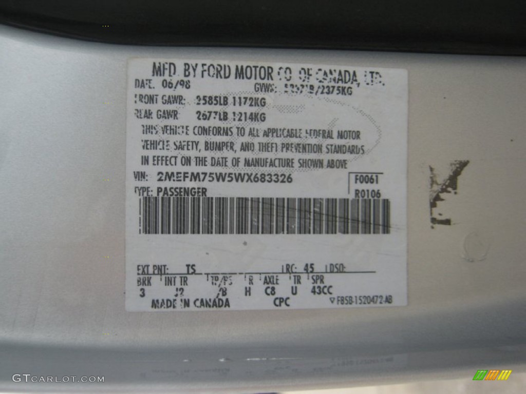 1998 Grand Marquis Color Code TS for Silver Frost Metallic Photo #63207747