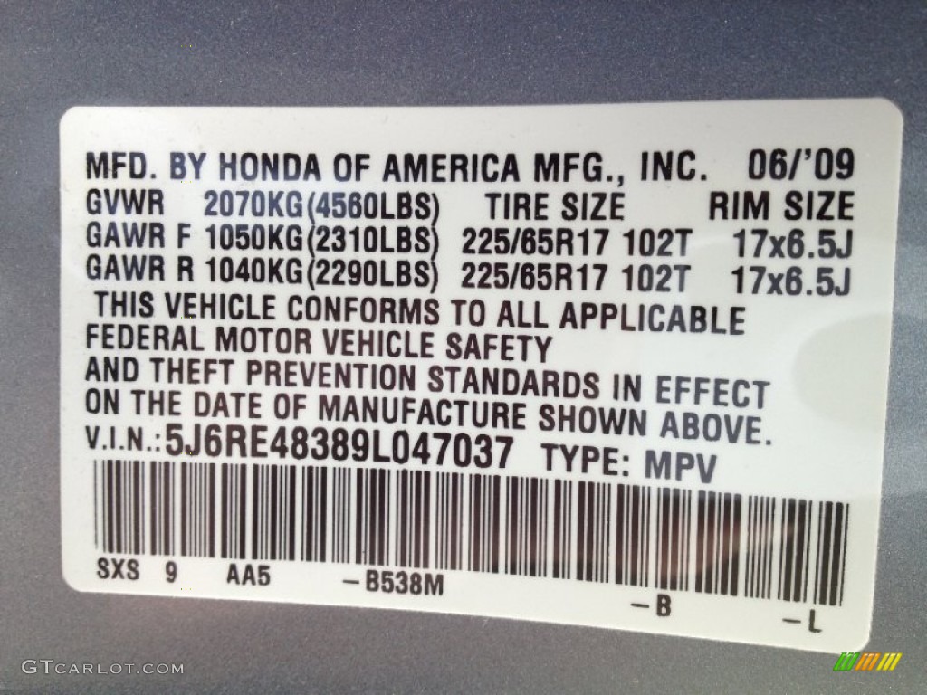 2009 Honda CR-V LX 4WD Color Code Photos