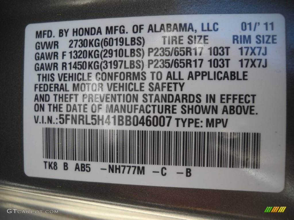 2011 Honda Odyssey EX Color Code Photos
