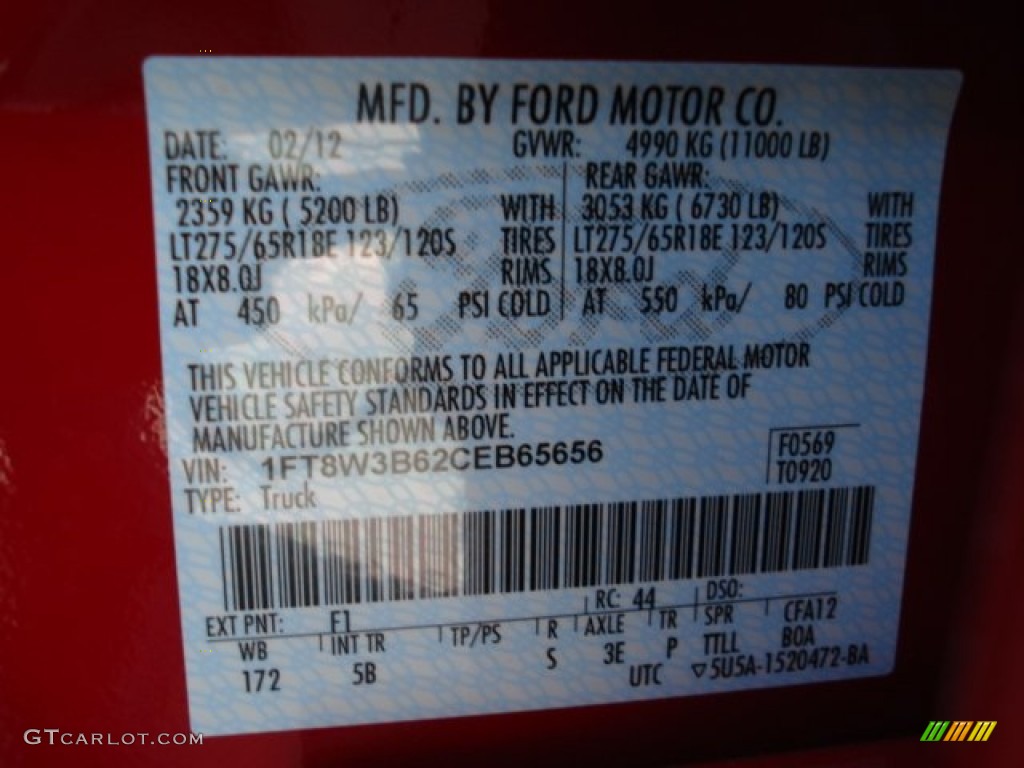 2012 F350 Super Duty Color Code F1 for Vermillion Red Photo #63236823