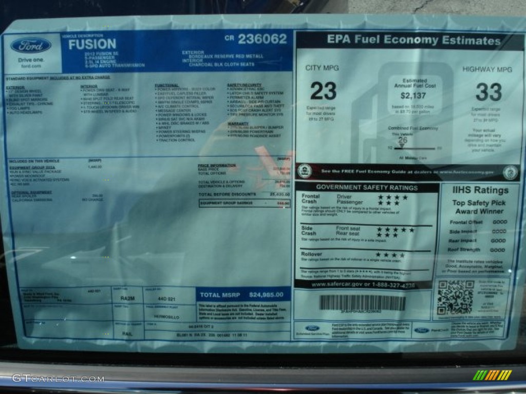 2012 Ford Fusion SE Window Sticker Photo #63236955