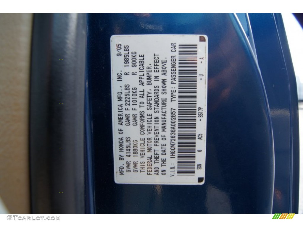 2006 Accord Color Code B517P for Sapphire Blue Pearl Photo #63246598
