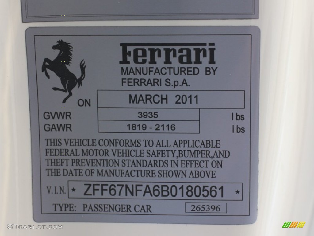 2011 Ferrari 458 Italia Info Tag Photo #63253349