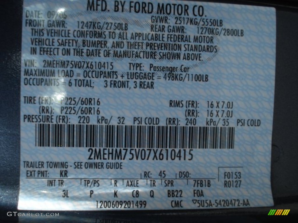 2007 Grand Marquis Color Code KR for Norsea Blue Metallic Photo #63273235