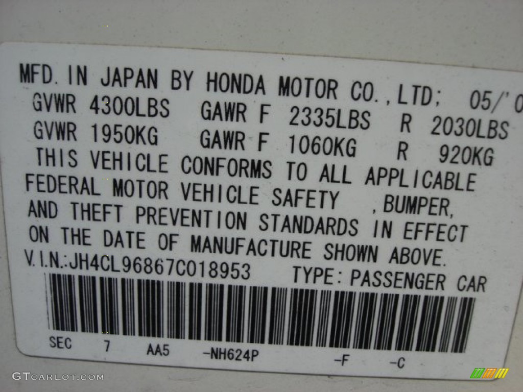 2007 TSX Color Code NH624P for Premium White Pearl Photo #63277393