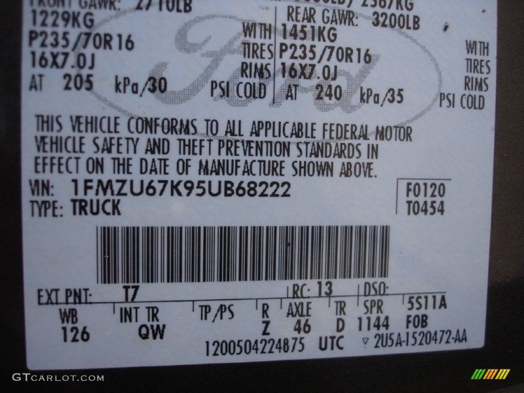 2005 Ford Explorer Sport Trac XLS Color Code Photos