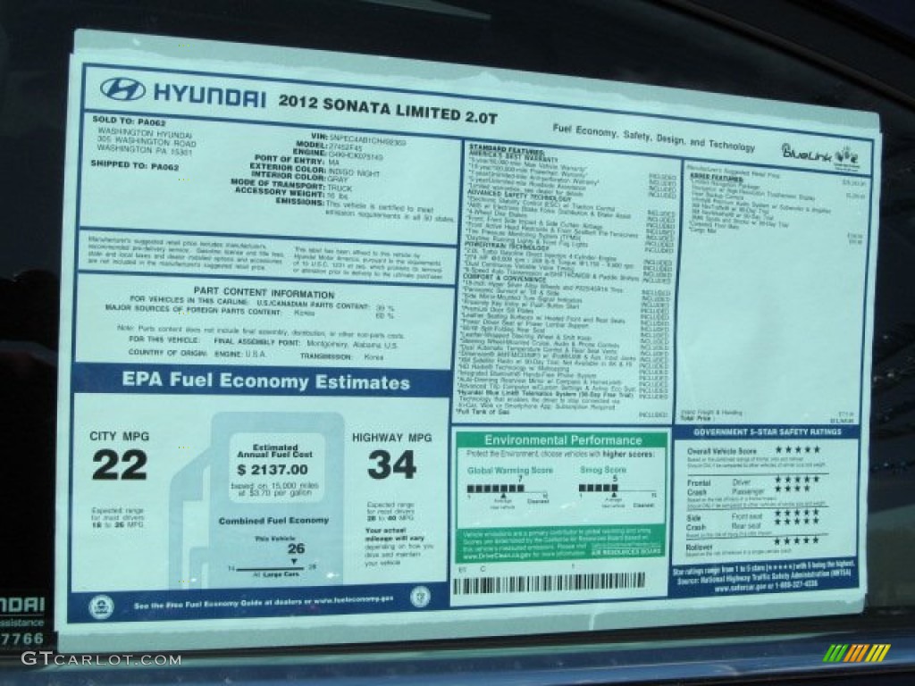 2012 Hyundai Sonata Limited 2.0T Window Sticker Photos