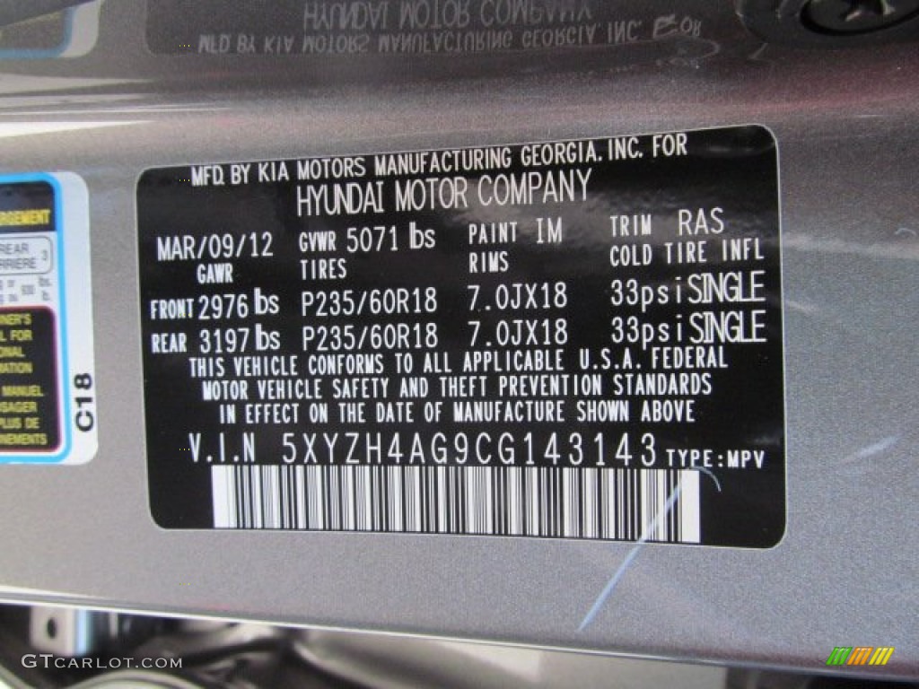2012 Hyundai Santa Fe SE V6 Color Code Photos