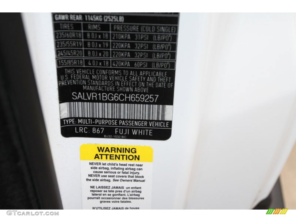 2012 Range Rover Evoque Color Code 867 for Fuji White Photo #63308513