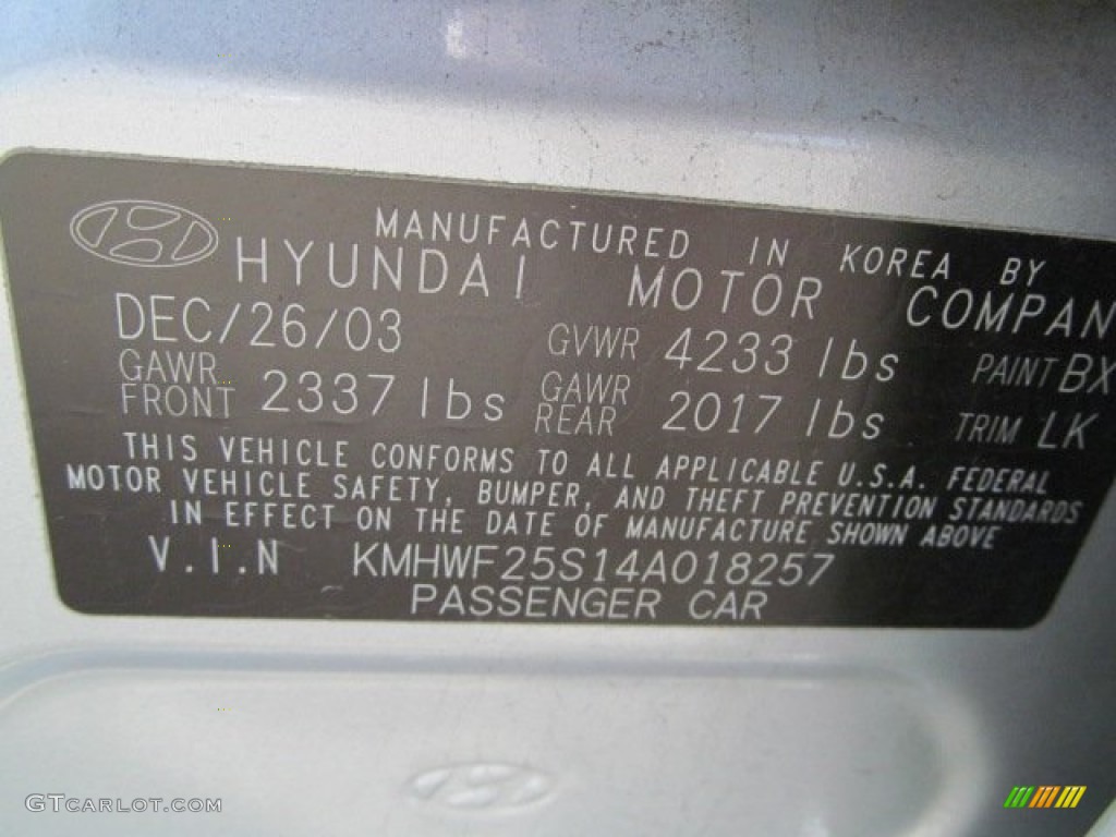 2004 Sonata Color Code BX for Brilliant Silver Photo #63328363