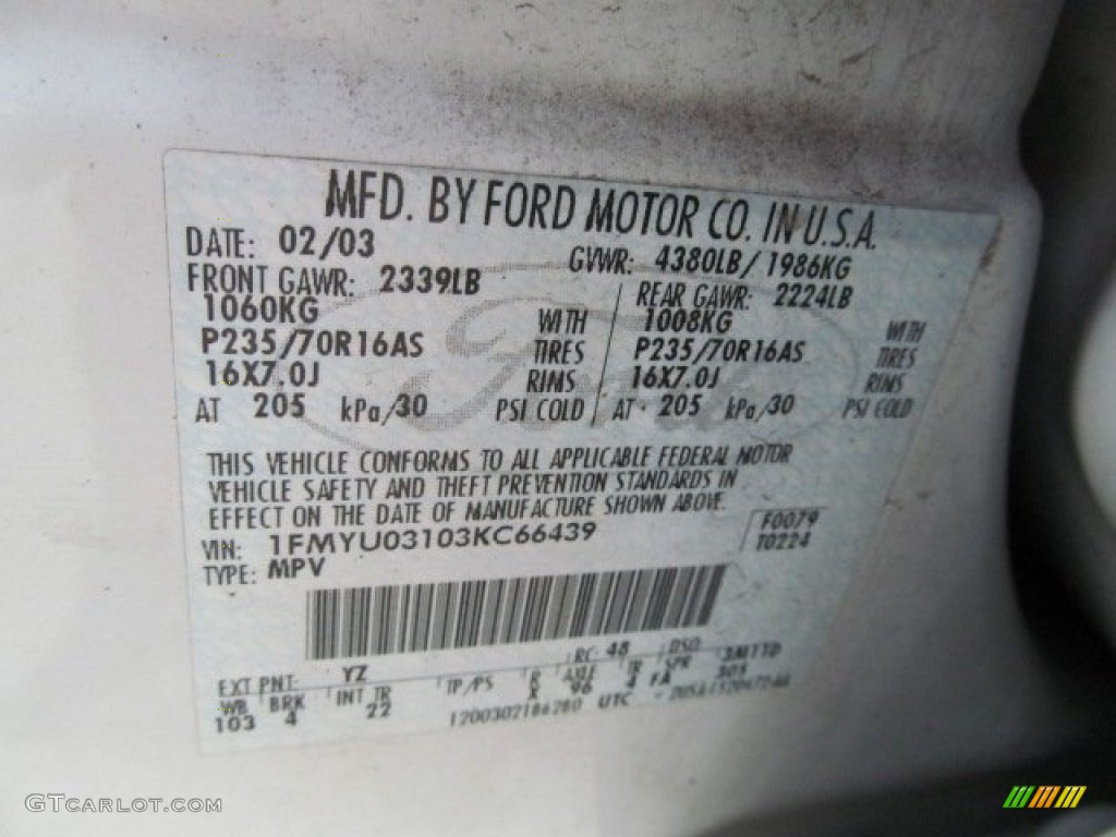 2003 Escape Color Code YZ for Oxford White Photo #63334591