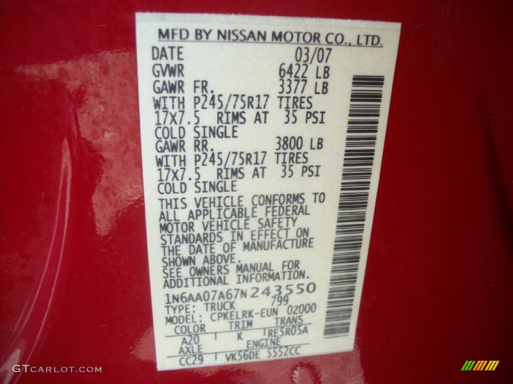 2007 Nissan Titan XE Crew Cab Color Code Photos