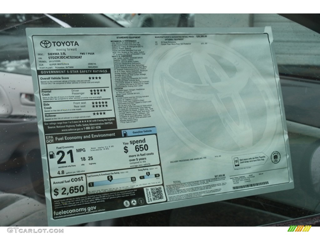 2012 Toyota Sienna V6 Window Sticker Photos