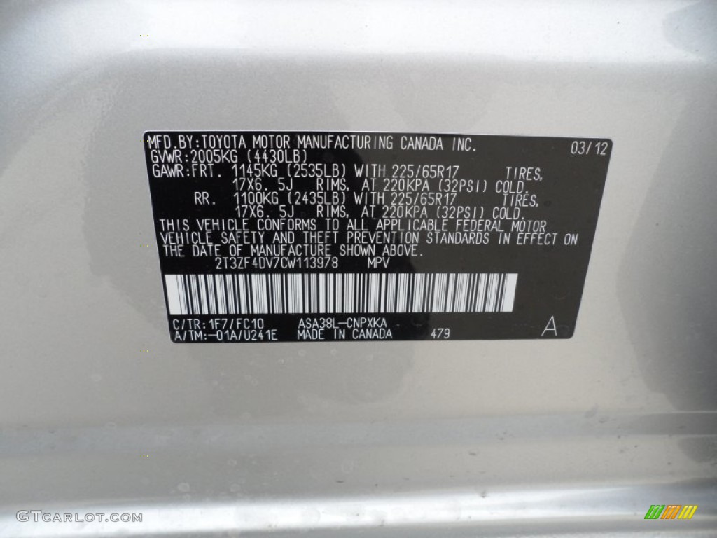 2012 RAV4 Color Code 1F7 for Classic Silver Metallic Photo #63374772