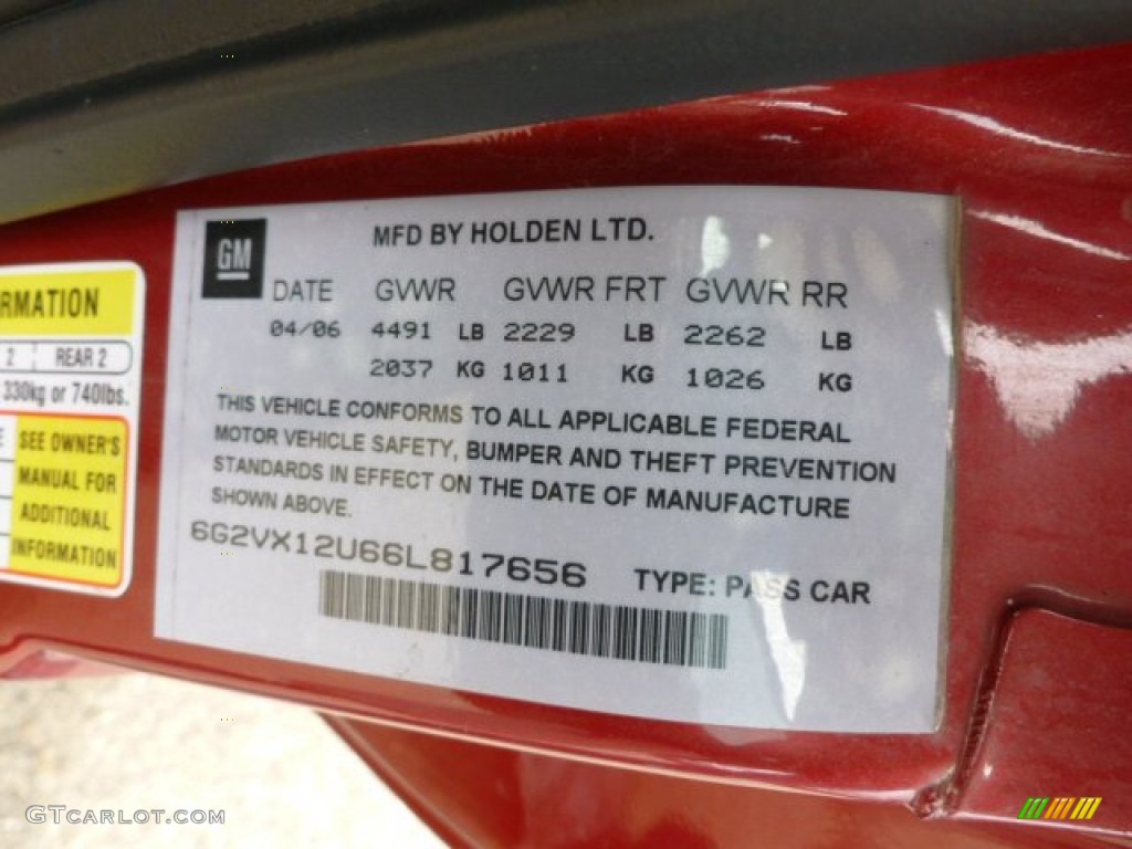 2006 Pontiac GTO Coupe Info Tag Photo #63379566
