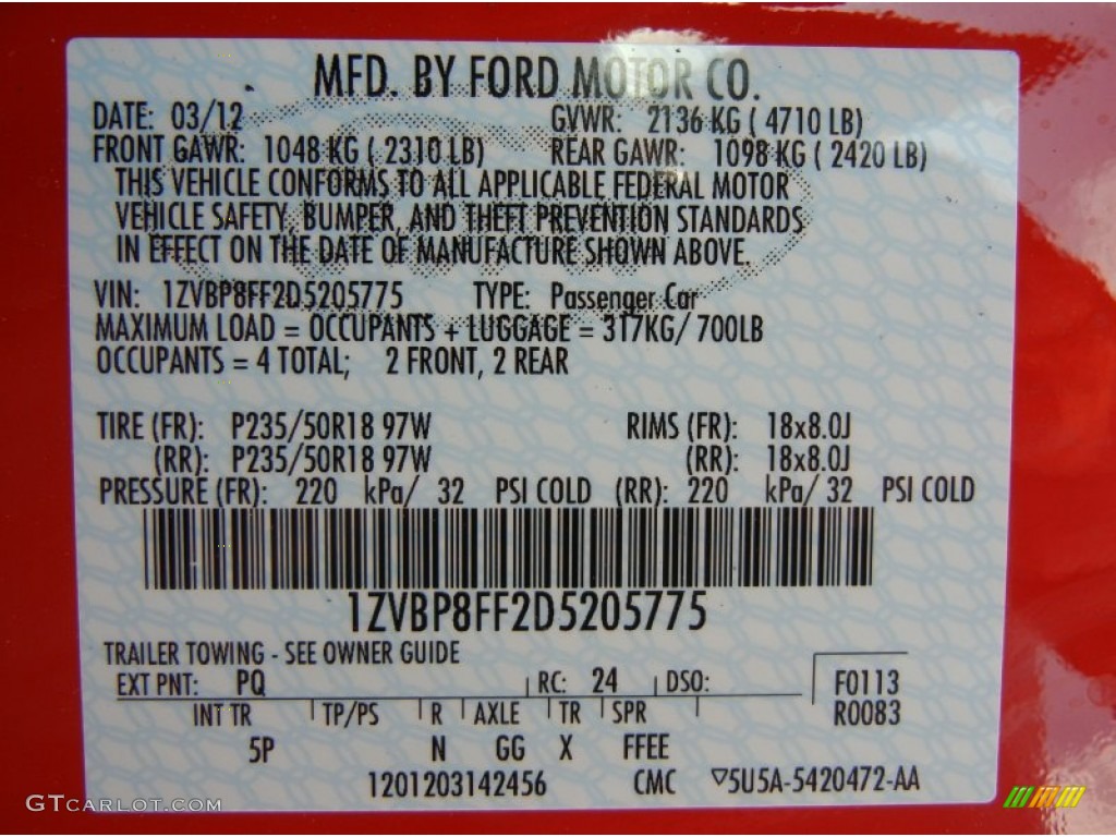 2013 Mustang Color Code PQ for Race Red Photo #63392932