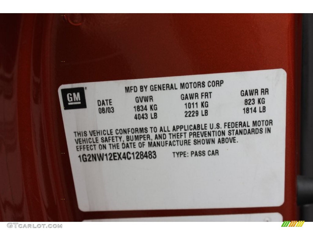 2004 Pontiac Grand Am GT Coupe Info Tag Photo #63396904