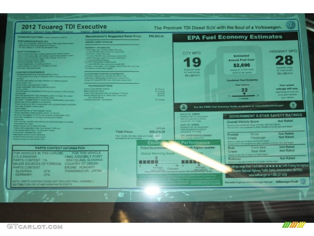 2012 Volkswagen Touareg TDI Executive 4XMotion Window Sticker Photo #63401975