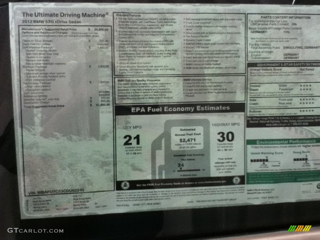 2012 BMW 5 Series 535i xDrive Sedan Window Sticker Photos