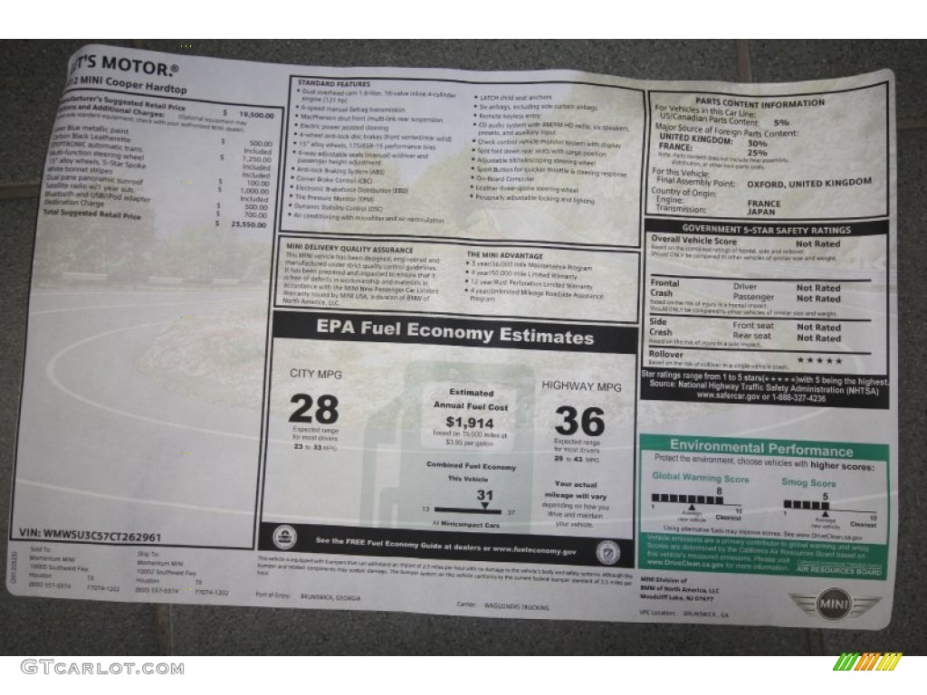 2012 Mini Cooper Hardtop Window Sticker Photo #63411287
