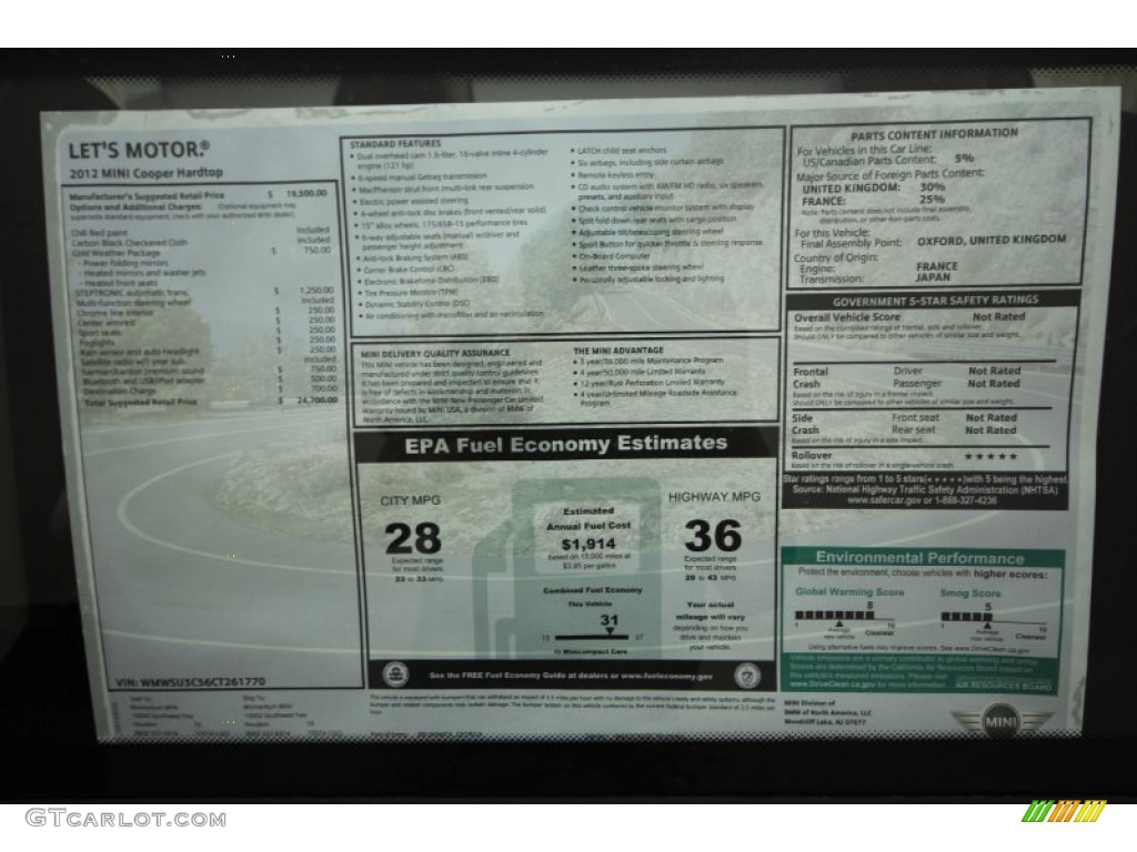 2012 Mini Cooper Hardtop Window Sticker Photo #63412127