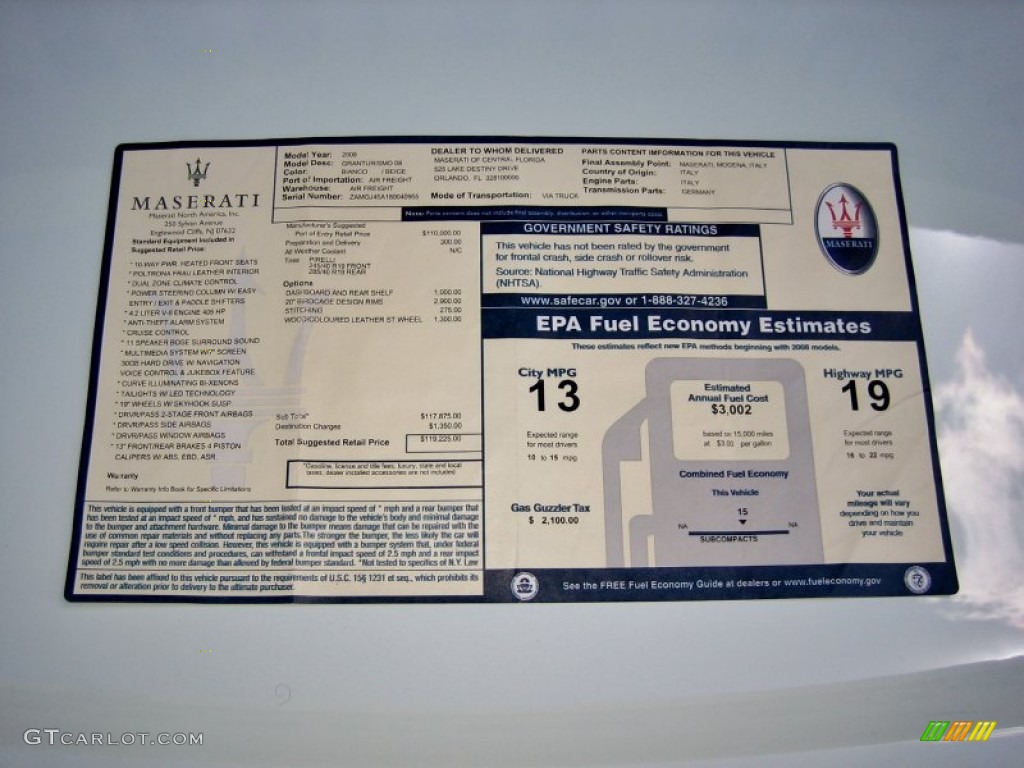2008 Maserati GranTurismo Standard GranTurismo Model Window Sticker Photo #63412682