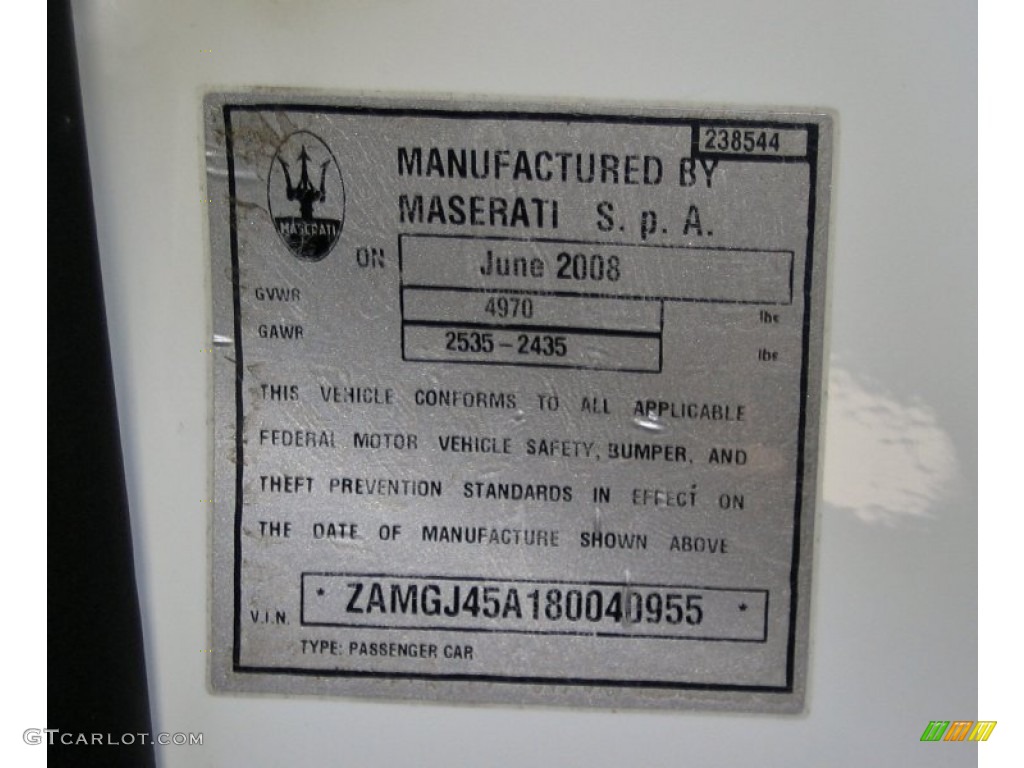 2008 Maserati GranTurismo Standard GranTurismo Model Info Tag Photo #63412790