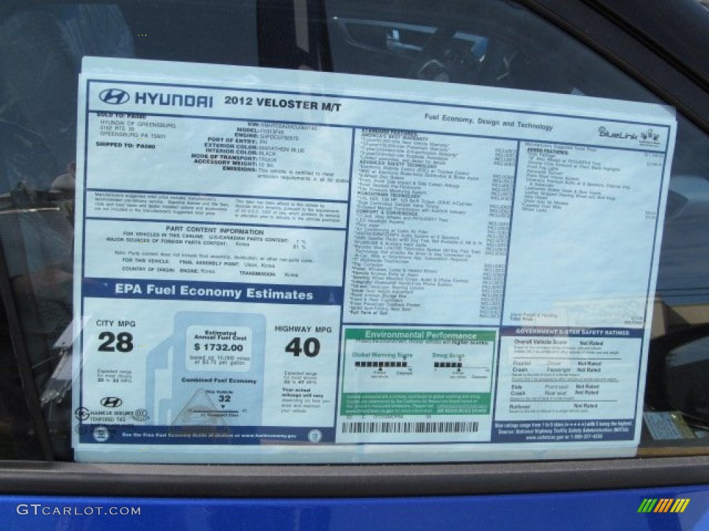 2012 Hyundai Veloster Standard Veloster Model Window Sticker Photo #63435362