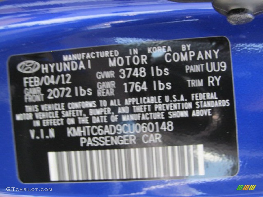 2012 Veloster Color Code UU9 for Marathon Blue Photo #63435419