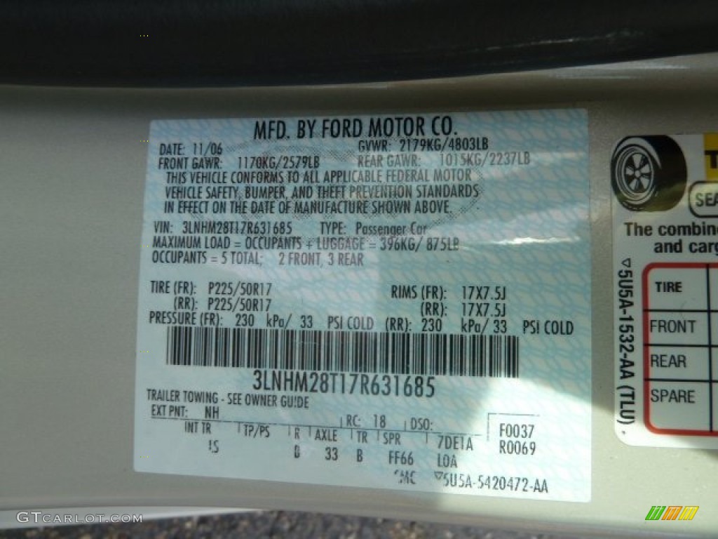 2007 Lincoln MKZ AWD Sedan Color Code Photos
