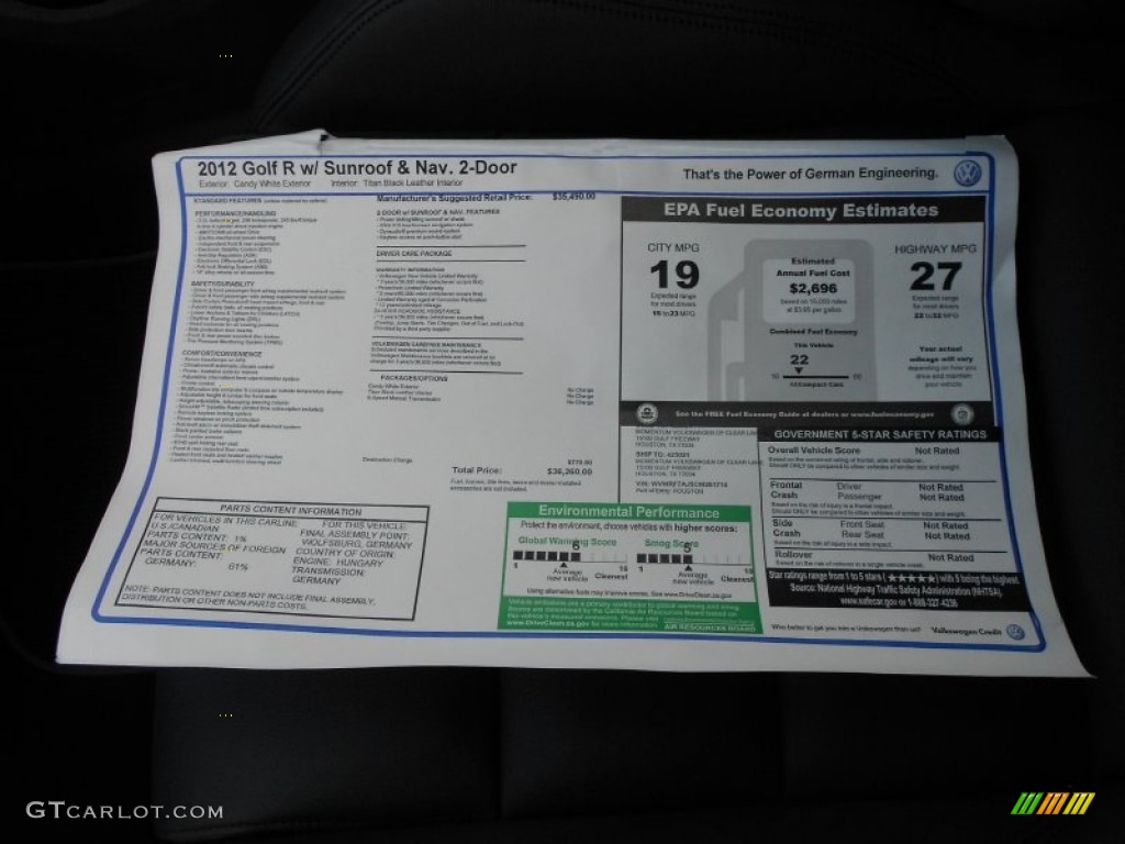 2012 Volkswagen Golf R 2 Door 4Motion Window Sticker Photo #63476361