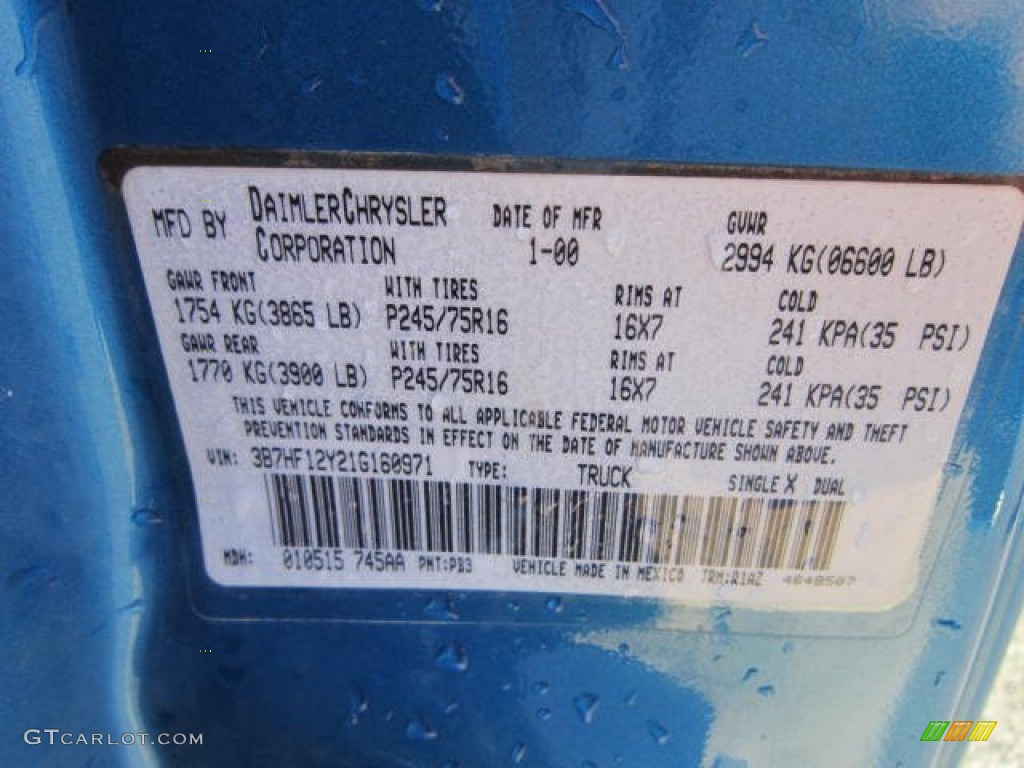 2001 Ram 1500 Color Code PB3 for Intense Blue Pearl Photo #63514444