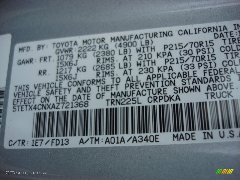 2010 Toyota Tacoma SR5 Access Cab Color Code Photos
