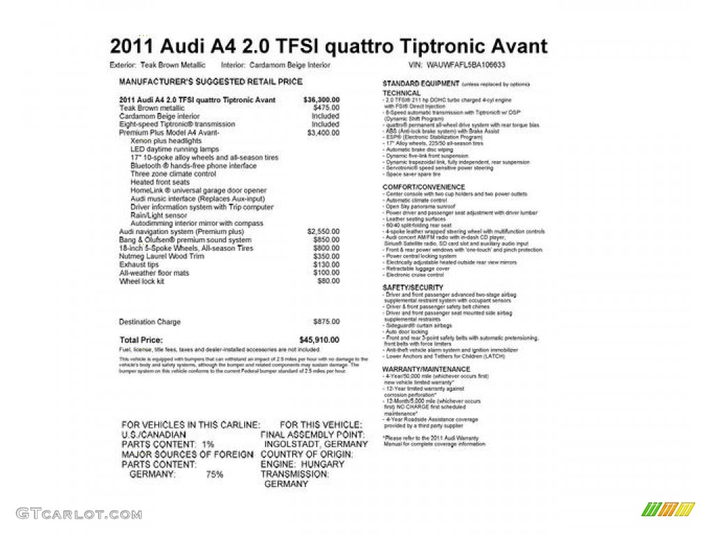 2011 Audi A4 2.0T quattro Avant Window Sticker Photo #63547758