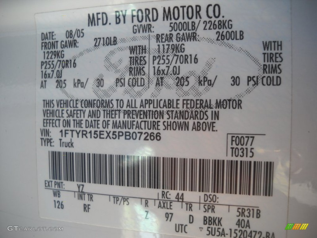 2005 Ranger Color Code YZ for Oxford White Photo #63551092